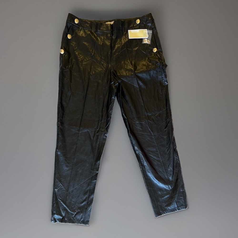 NWT Michael Kors Faux Leather Pants‎ Women's 10 Black Gold Button Straight Leg